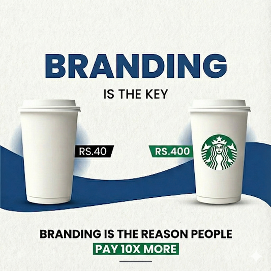 Two coffee cups with different branding values and a Starbucks logo on a white background.