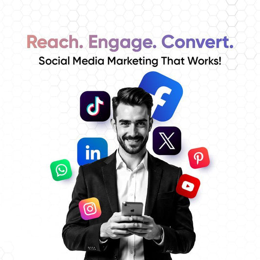 Man holding a phone with social media icons around him and text 'Reach. Engage. Convert.' on a white background.