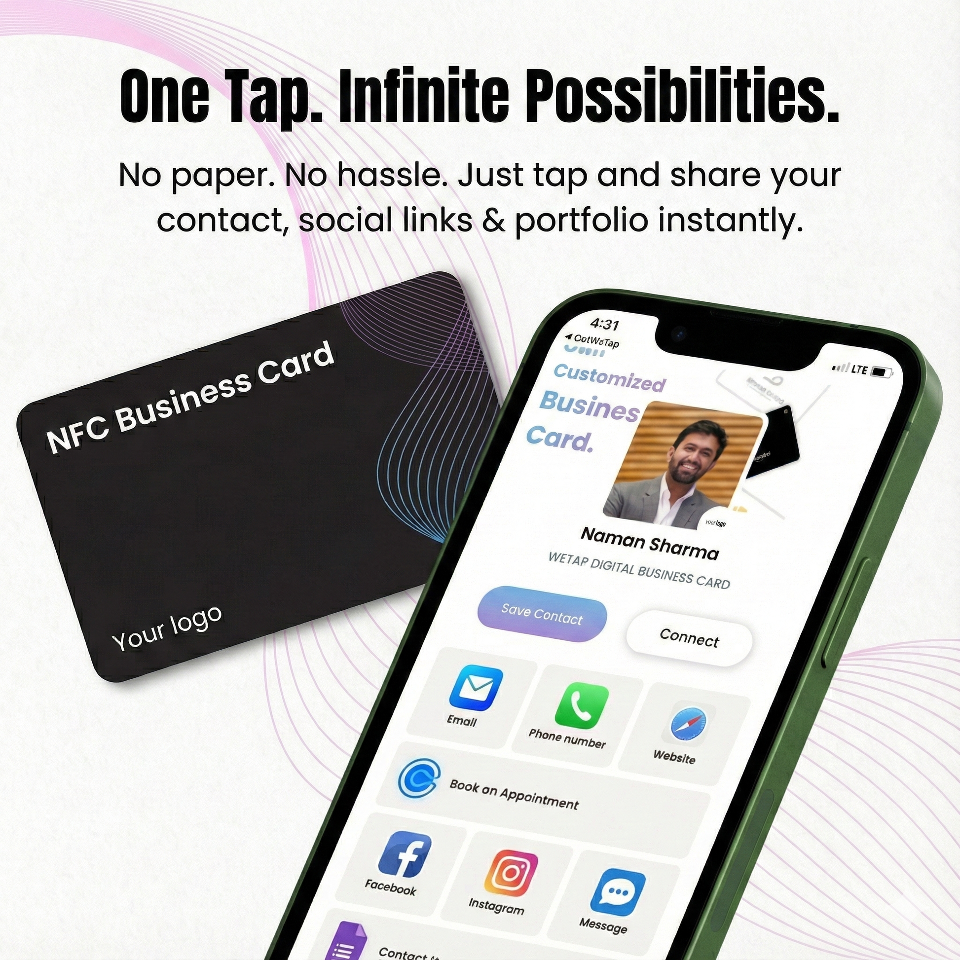NFC business card and smartphone displaying digital business card app on a white background